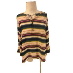 Van Heusen Blouse Top Womens Large Multicolor Striped V-Neck with Drawstrings